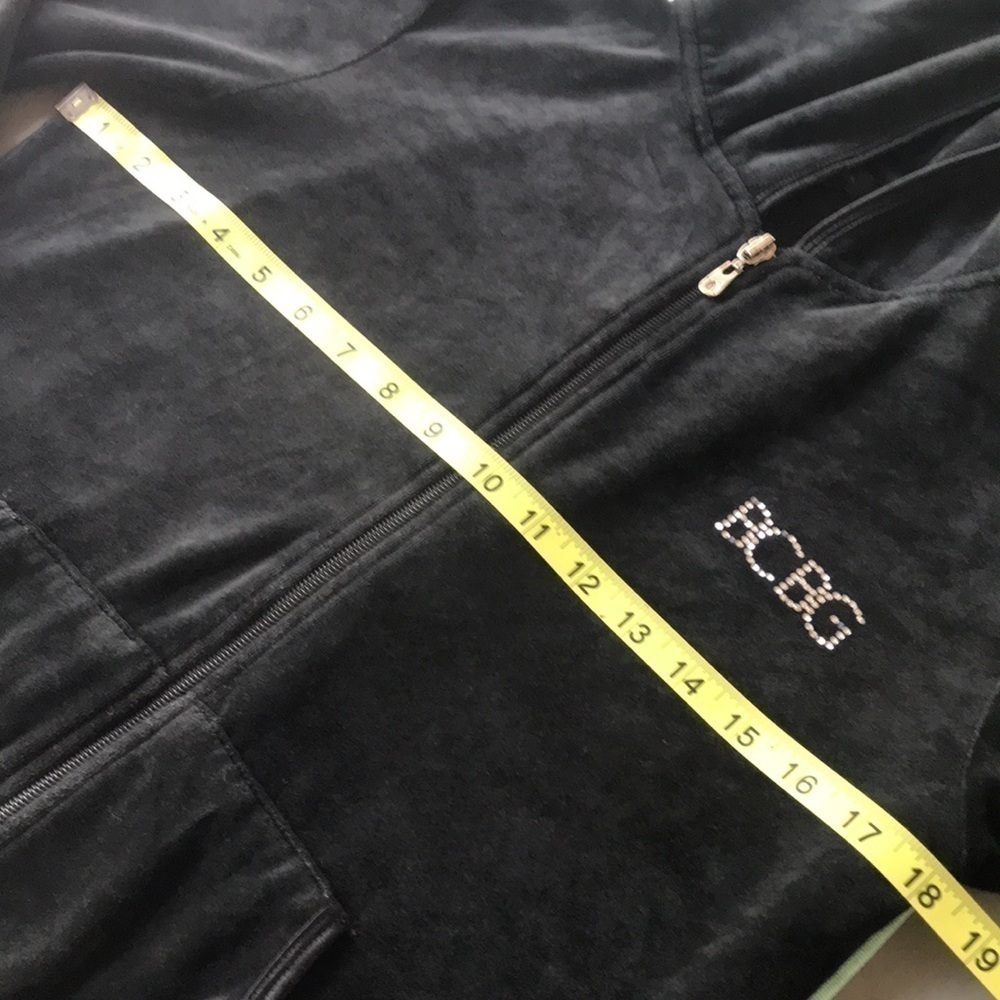 BCBGMaxAzria Black Velour Rhinestone Logo Zip-Up Hooded Jacket Medium - Picture 11 of 13